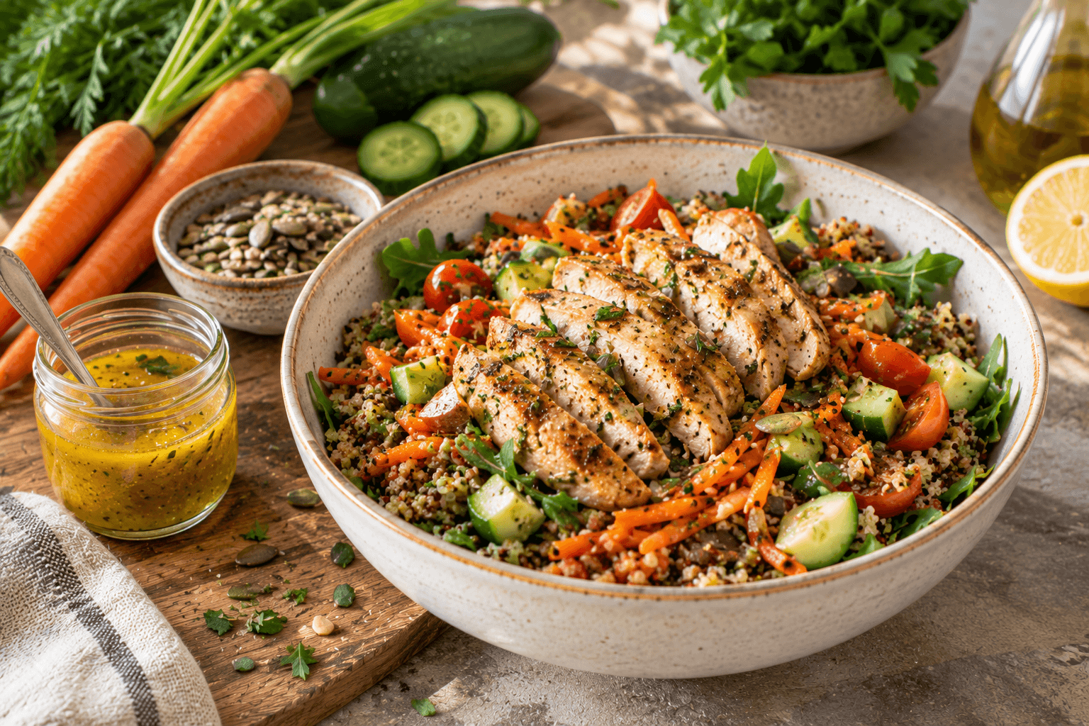 Salade de quinoa au poulet grillé, légumes et une vinaigrette maison