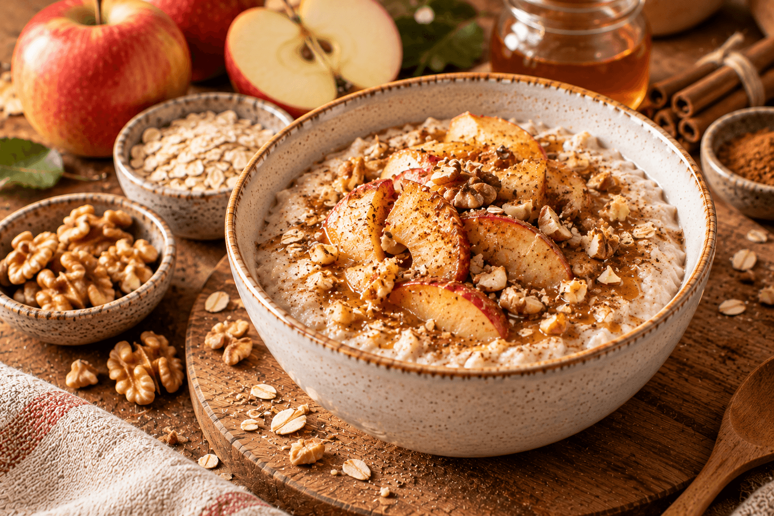 Porridge pommes, cannelle et noix
