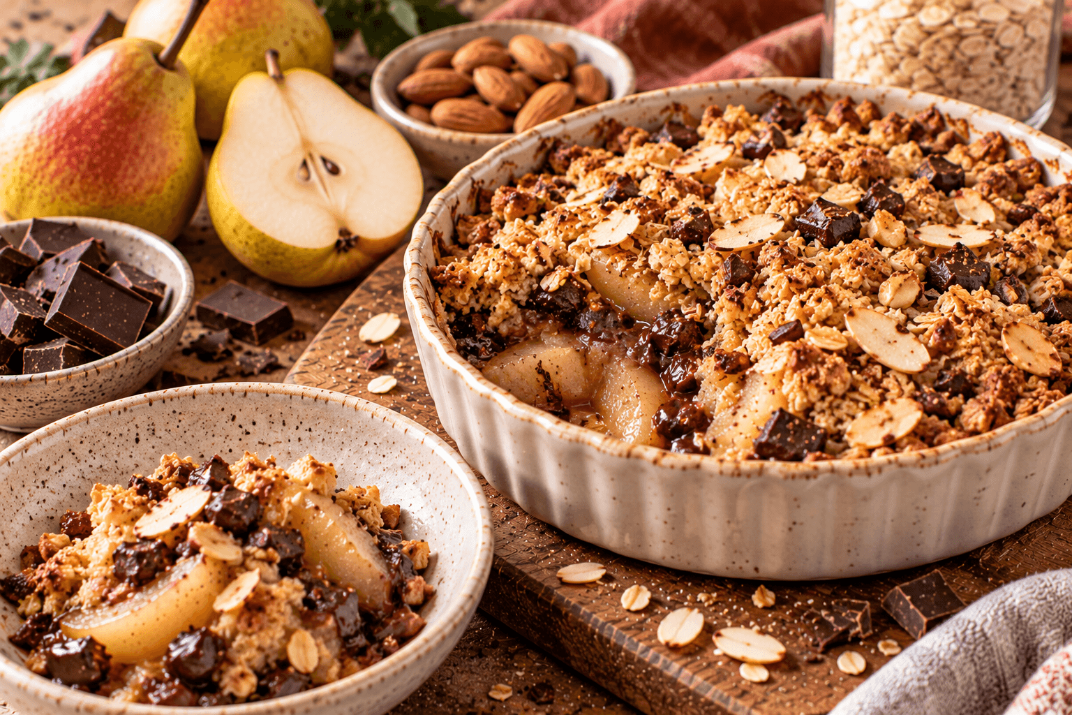 Crumble poires, chocolat noir et amandes