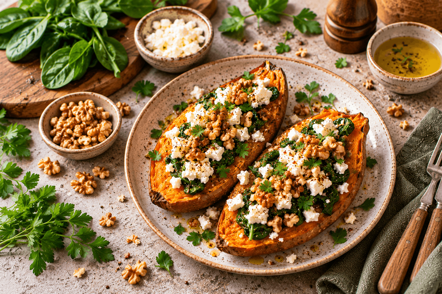 Patate douce rôtie à la feta et aux noix